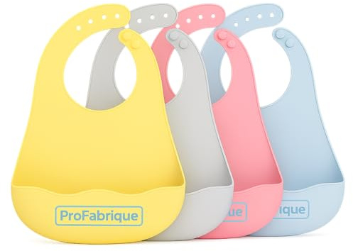 ProFabrique Bavoir Silicone Imperméable pour Bébé -Lot de 4 avec des Boutons Réglables & Poche pour Attraper les Aliments - Souple, Lavable, Unisexe