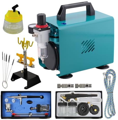 PROFI-AIRBRUSH SET Car Design I mit sehr leisem Airbrush Kompressor, 2 PISTOLEN, MANOMETER HALTER, 3 in 1 CLEANING POT, 5Stck. Reinigungsbürsten sowie Kleinzubehör
