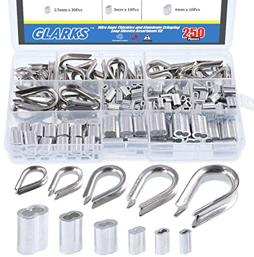Glarks Juego de 250 dedales de cable de alambre de acero inoxidable 304 y manguito de lazo de prensado de aluminio para cables de cuerda de alambre