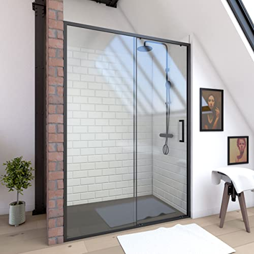 Porte de douche coulissante 140x200 cm - Verre transparent - Profilé Noir - CRUSH