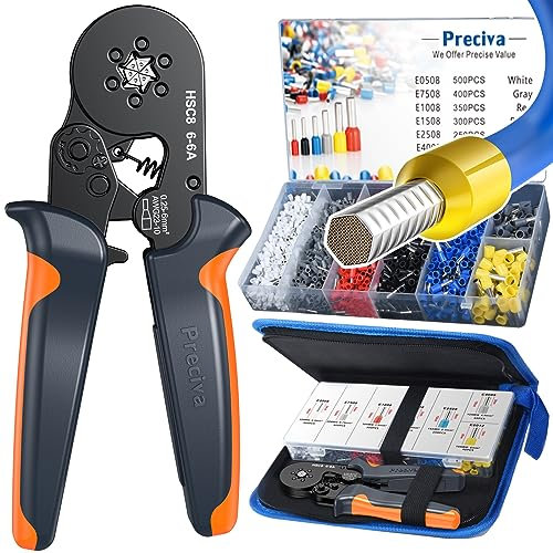 Preciva Ferrule Crimper Plier Set, 0.25-6mm²/AWG23-10 Self-Adjustable Ratchet Bootlace Terminal Crimping Tool, Electrical Ferrules Wire Crimp Toolkit with 1900 Cable End Sleeve Connectors