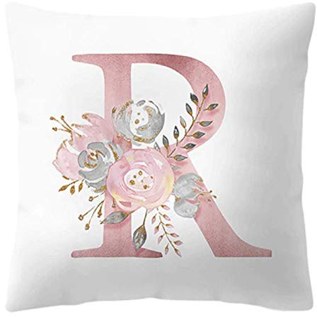 Federa per cuscino 45x45 cm lettera R iniziale alfabeto nome rose fiori colore bianco decorativa divano letto camera casa arredo regalo elegante romantico personalizzato