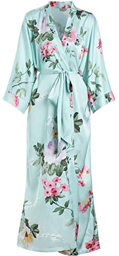 Aensso long soft silk y kimono robes for women, teal floral plum lightweight bridal bridesmaid robe for wedding party