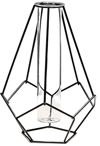 Fenteer Metallrahmen Vase Rohr Glas Pflanzer Terrarium Geometrischer Metallständer, Tischplatte Blumenvase Hydroponische Vase - Stil 2 Schwarz