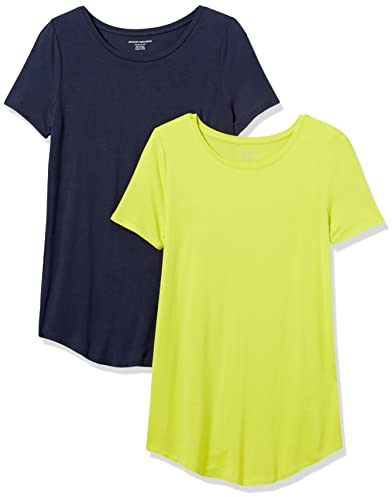Amazon Essentials Tunica con Scollo Rotondo a Maniche Corte Donna, Pacco da 2, Blu Marino/Verde Lime, XL