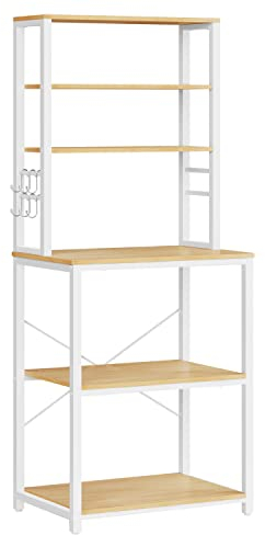 VASAGLE Küchenregal, Standregal, Mikrowellen-Regal, stehend, 6 Ablagen, 6 Haken, Stahlrahmen, rustikal, 40 x 60 x 167 cm, goldeichenfarben-wolkenweiß KKS024W09