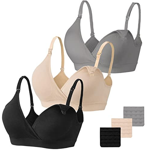Vinfact Nursing Bra 3 Pack Seamless V Neck Maternity Bra Women Pregnancy Breastfeeding Bra Black/Nude/Grey M