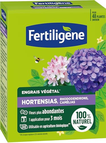 FERTILIGENE FEGHOR12 - Engrais Végétal Hortensias, Rhododendrons, Camélias 1,2 kg - Fleurs plus abondantes -Seulement 1 application en 3 mois -Jusqu'à 48 plantes - Produit 100% naturel avec zéolite