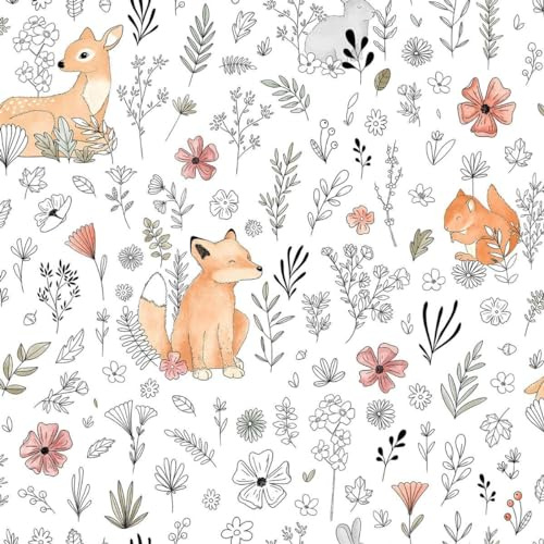 Children's Animal Print Floral Wallpaper - White Grey Pink - Rabbit Deer Fox Squirrel Flowers - Paste The Wall