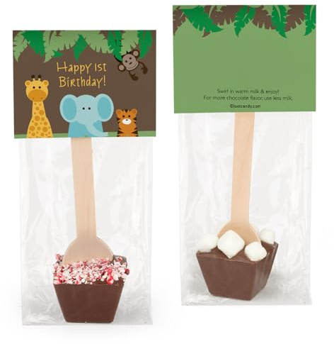 12 Pcs Birthday Hot Chocolate Spoons Gourmet Dark Chocolate Favors with Crushed Peppermint (12Pack) Jungle Safari Party Favors & Gifts