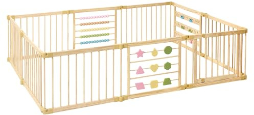 ZETY Natural Wood Baby Playpen – 8 or 10 Panel Foldable Play Yard with Door Panel and Built-in Toys, CPC Certified & SGS Tested