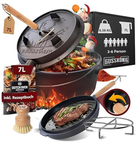 GUSSKÖNIG Dutch Oven Set-Eingebrannter Dutch Oven 7L [3-6 Person]-Feuertopf Gusseisen ohne Füßen-Schmortopf Doppelfunktion-2in1 Deckelheber,Untersetzer,Bürste,DutchOven Rezeptbuch-30 Jahre Garantie