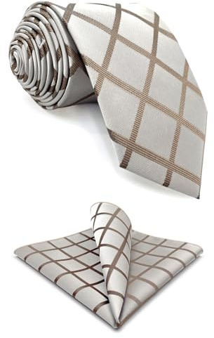 S&W SHLAX&WING Corbata para hombre Beige Marrón Corbata a cuadros y pañuelo de bolsillo Satén Regular Formal Tamaño clásico 147cm×8cm
