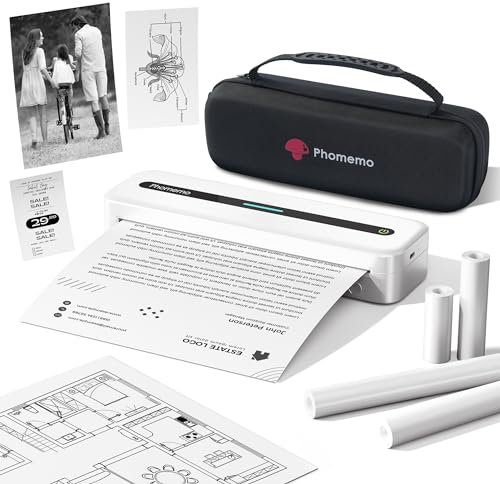 Phomemo M832 Mobiler Drucker A4 für Unterwegs, Thermodrucker A4 für Hause, Fotos, Rechnungen, Lernen, 300dpi Monochromer Nadeldrucker mit Tragetasche und 4 Rollen Thermopapier, Weiß