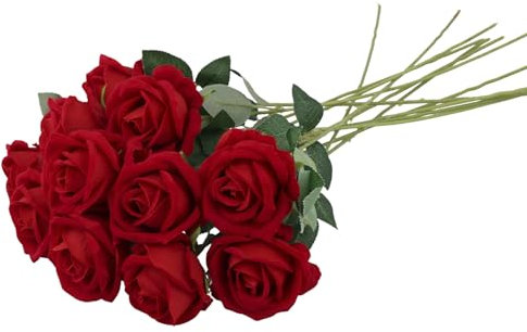 QWORK® 12Pcs Artificial Roses, Red Roses Artificial Flowers With Long Plastic Stems For Wedding Table Centerpieces, Home Decor