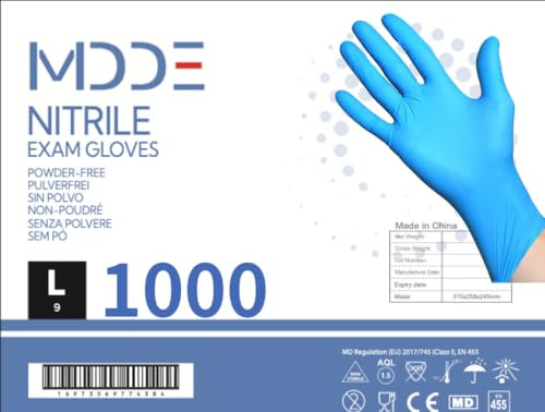 MDDE Lot de 100 à 1000 gants jetables en nitrile sans poudre, sans latex, hypoallergéniques, gants alimentaires, gants médicaux jetables (1000)