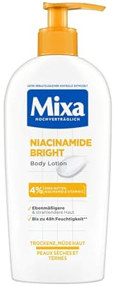Mixa Feuchtigkeitsspendende Körperlotion, für trockene und stumpfe Haut, hydratisierte Haut für 48H, strahlend und gleichmäßig, mit 4% Niacinamid, Vitamin Cg und Sheabutter, Niacinamide Bright, 400 ml