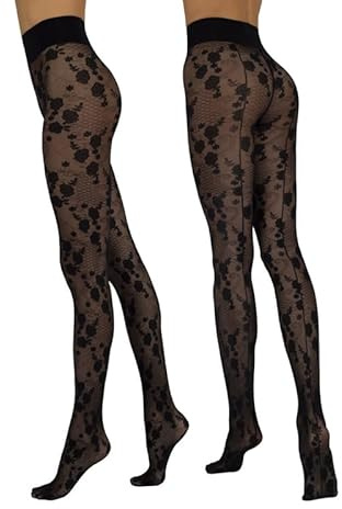 Sarah Borghi Loulou Collant Donna Fantasia 20 Denari, Calze Donna Fantasia Floreale Effetto Pizzo con Riga Posteriore, Made in Italy (nero, 4)