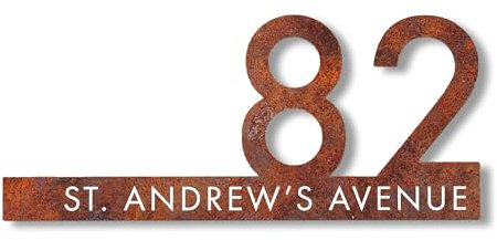 Personalised House Number Sign Rust Effect Contemporary Cut Out Modern House Sign Door Number Plate Printed Address Signage With Hidden Fixings Weatherproof & Scratch-Resistant
