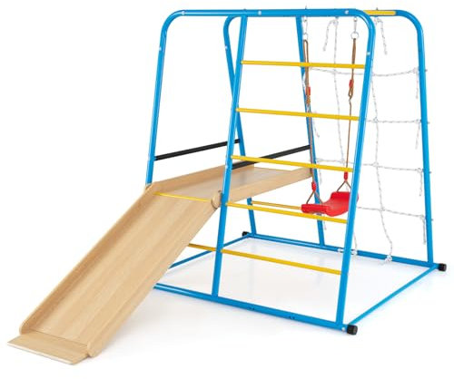 GYMAX 6 in 1 Kids Climbing Set, Heavy Duty Metal Toddler Climber with Slide, Swing, Monkey Bars, Climbing Ladder and Rope Wall, Indoor Playground for 3+ Years Old Boys Girls