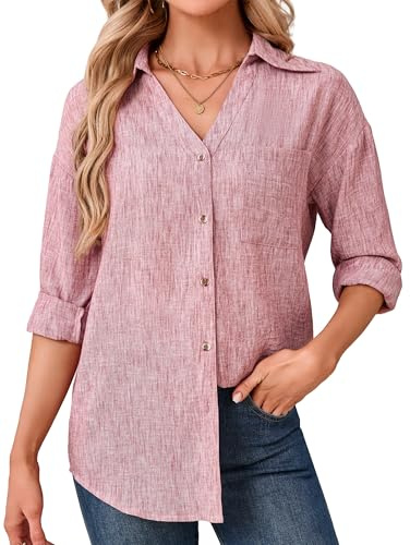 Enmain Camicia Lino Donna Estiva Manica Lunga Camicie Donna Rosa Elegante Bluse Scollo a V Primaverile Basica Abbigliamento Casual per Vacanza Brunch L