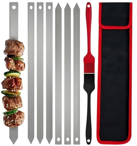6 PCS Stainless Steel Flat Wide Barbecue Skewers, Reusable Flat Metal Skewers, with Bag, Metal Kebab Sticks BBQ Skewerss, for Outdoor BBQ, Family Party, Shish Kabob