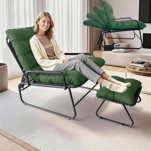 TerraVibe Balkonsessel, Sitzsessel mit Verstellbarer Rückenlehne, loungesessel Garten mit Hocker, Relaxliege Wohnzimmer, Outdoor Lounge Sessel, Relax Sesel für Wohnzimmer, Schlafzimmer, Büro (Grün)
