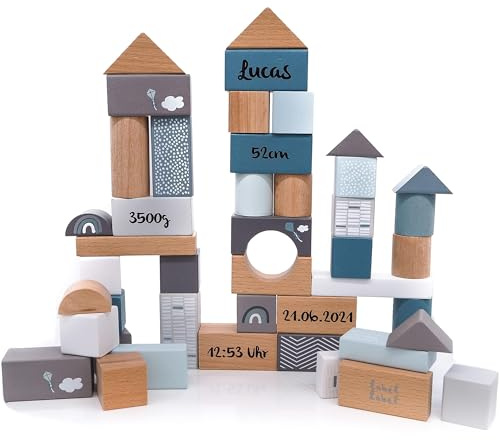 Personnalisable Lot de 50 blocs de construction en bois Bleu – empilage & emboîtement, inspiré Montessori–pour enfants à partir de 2 ans–personnalisé avec prénom & date de naissance – Label Label
