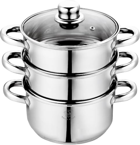 Royal Swiss Vaporera de acero inoxidable de 28 cm de diámetro, 8 L, olla de vapor de inducción con 2 insertos de vapor, tapa de cristal con salida de vapor, vaporizador para verduras de gas, eléctrico