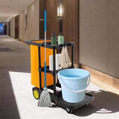Carrello per la pulizia professionale con ruote, 3 ripiani e borsa in vinile, carrelli igienici per uffici, hotel, centri commerciali, portata 100 kg, 113 x 56 x 93 cm
