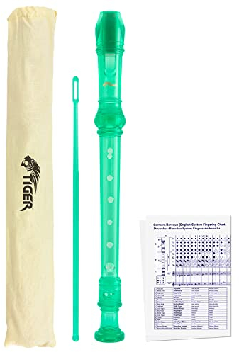 TIGER REC7-GR Diskant/Sopran Schulblockflöte mit Tasche, Flötenputzer und Grifftabelle, Englische/Barocke Griffweise - Grüne