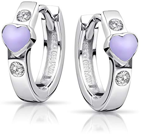 Materia Children's Earrings Silver 925 Girls – Heart Hoop Earrings Folding Hoop Earrings Small with Zirconia Rhodium Plated in 3 Colours purple