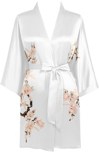 BABEYOND Kimono Robe Cover up Short Floral Kimono Blouse Loose Cardigen Bachelorette Party Robe - White