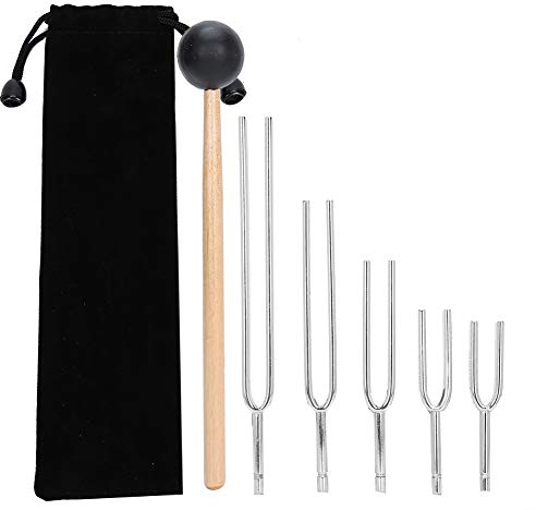 Stimmgabel, Set 5 Stimmgabel Schallheilungstherapie-Werkzeug mit Silikonhammer und Beutel für DNA-Reparaturheilung, Klangtherapie, Musikinstrument, Balancing, Heiler, Vibration, Klangtherapeut