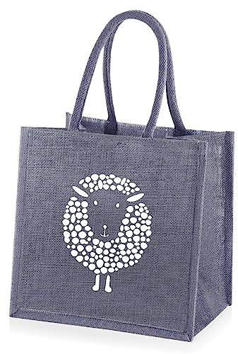 Yellowboots Medium Grey Jute Shopping Bag with White Sheep Print - 30 cm high x 30 cm Wide x 23 cm Depth
