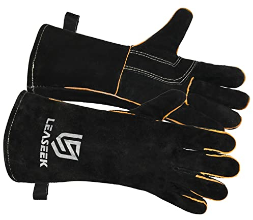 LeaSeek Gants de Four et Soudure en Cuir Résistant à la Chaleur et Ignifuge - Parfait pour Grill, BBQ, Cuisine, Cuisson, Coin du Feu, Cheminée