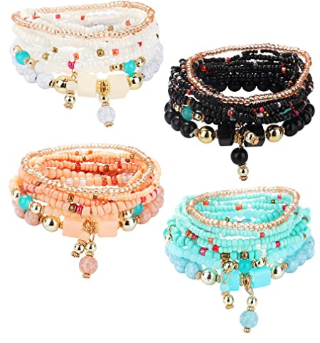 YADOCA 4 Sets Braccialetti Bohemien con Perline Elasticizzate per Donne Ragazze Impilabili Strand Strand Bangle Charm Bracciali Impilabili Multistrato Set Gioielli Multicolore
