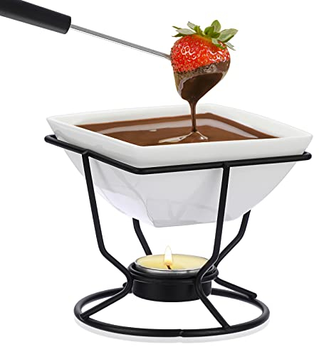 TOLIDA Juego de Fondue de Chocolate Quemador de Cerámica Cuadrado Blanco con 2 Tenedores Calentador de Helado de 200ML con Soporte Redondo de Hierro Negro para Chocolate Mantequilla Queso