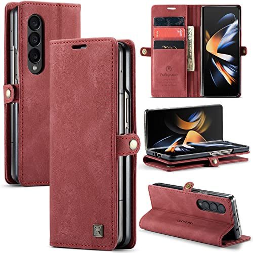 EYZUTAK Wallet Case for Samsung Galaxy Z Fold 4, Retro Matte Premium Protective Leather Case with RFID Blocking 3 Card & 1 Cash Slot Viewing Stand Magnetic Closure TPU Shell Flip Cover - Red