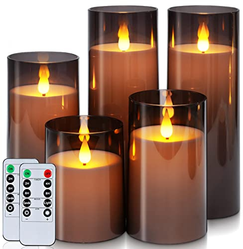 Homemory Gray Flickering Flameless Candles, Battery Operated Acrylic LED Pillar Candles with Remote Control and Timer, Halloween Decor, Set of 5