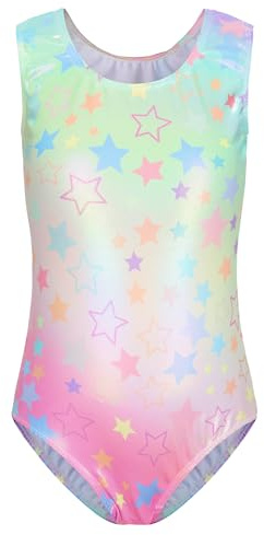 Kicorpse Flickor Gymnastik Bodysuits Långärmad/Ärmlös Glitter Balett Trikåer Stjärnor Fjäril Hjärta Regnbåge Gymnastik Atletisk Trikåer för Flickor Ålder 5–12, Stjärnfärgad, Tag 10A(9-10 años)