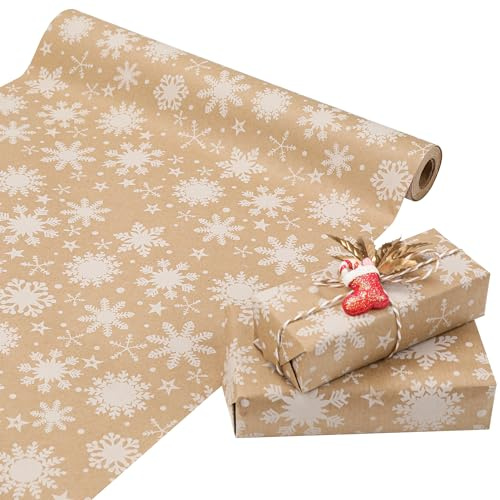 Codkkre Noël cadeau papier 44cm x 15m recyclé Kraft rouleau d'emballage papier cadeau rétro Pâques anniversaire Valentine enfants cadeau papier Flocons de neige