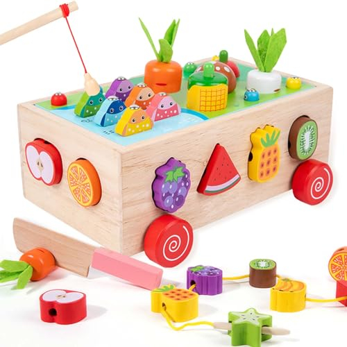 ACTOYS Montessori Spielzeug ab 1 Jahr, 7-In-1 Bauernhof Spielzeug, Holzspielzeug Lernspielzeug Angelspiel Magnetisch Fädelspiel Formanpassung Spiel, Geschenk für 1 2 3 4 5 Jahre Mädchen Junge