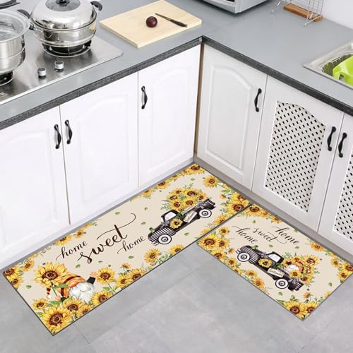 comfoyar Küchenmatte 2 Stück, rutschfest Küchenläufer Waschbar Küchenteppich, Teppich Läufer für Flur Küche 44 x 75 cm + 44 x 120 cm, Sonnenblumen-LKW