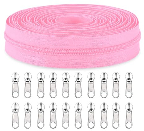 Sawoake #3 Nylon Coil Zippers by The Yard Bulk 10 Yards with 20pcs Zipper Sliders for DIY Sewing Tailor Craft Bag Garment Home Textile…(Pink)