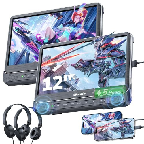 GOnavidio 12 Doppel Auto DVD Player mit HDMI-Eingang, Auto Kopfstützen Player für Kinder mit Kopfhörern, unterstützt USB/TF-Karte, AV-EIN- und -Ausgang, regionsfrei, letzter Speicher