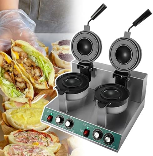 LJPZYOY Commercial Burger Waffle Baker Machine,1300w Non Stick Electric Press Burger Machine 50-300℃ Temperature Control/5 Min Timer,Round Deep Fill Toastie Maker for Sweet & Savory Fillings,Double