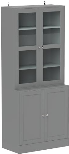 HOMCOM Modern Bookcase with Glass Doors, Display Storage Cabinet with Adjustable Shelves for Living Room, Study, Home Office, Kitchen Cupboard with Small Open Counter, Grey