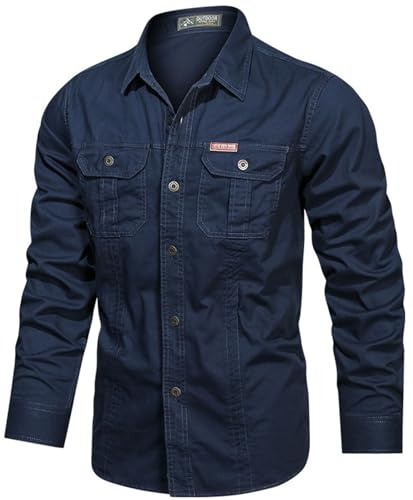 PADOLA Uomo Camicia Button Down con Tasca Camicie da Lavoro Manica Lunga con Bottoni Tops(XL,Blu Scuro)