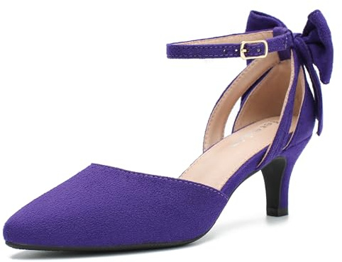 Women's Kitten Heel Pumps with Bow, Ankle Strap, Pointed Toe, Wedding Evening Dress Shoes Purple 37 - US 6.5